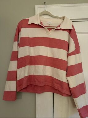 Le Lis Coral & Cream Wide-Stripe Polo Sweater